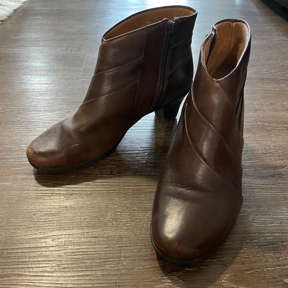 Dark Brown Leather Booties Heel Inside Zipper